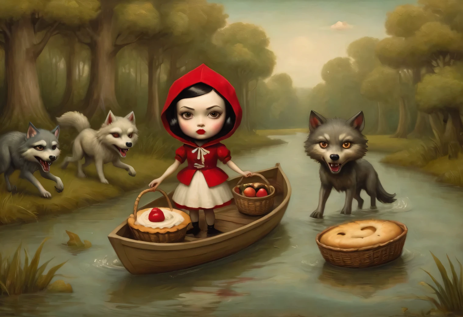 a painting on craft paper in the style of artist Mark Ryden, Little Red Riding Hood with a basket of pies runs through the water of a quiet swamp and chases a gray wolf, a wolf in fear swims away in a boat from Little Red Riding Hood, midjourney v6 Style, Tim Burton Style, inspired by Henri Julien Félix Rousseau, comic style, comic chase, comicality:1.4, comical chase, full compliance with the style of Mark Ryden, high resolution, Mark Ryden Style page