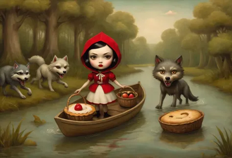 a painting on craft paper in the style of artist Mark Ryden, Little Red Riding Hood with a basket of pies runs through the water...