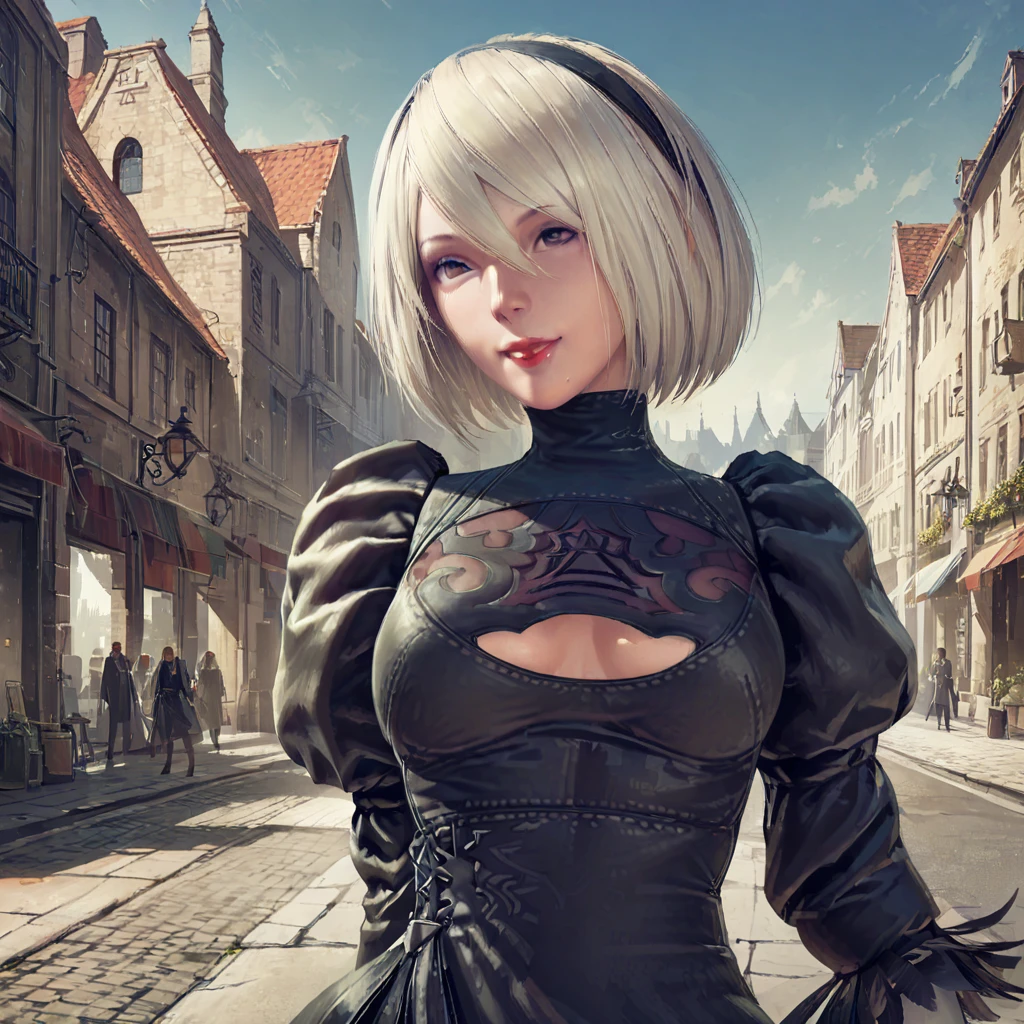 One Girl, Oh, (Round face), chest, Chest cleavage, Chest cleavage cutout, Dress cutout, Old western castle street background, Hair between the eyes, head band, , High resolution, Juliet Sleeve, Long sleeve, nier (series), nier automata, Fluffy sleeves, Red lips, Lips with raised corners of the mouth, Smiling Lips, Shadow Face, short hair, alone, Turtleneck sweater, whole body, l Blue-white silver hair, zero、A gravure shoot is being held in the street、Mr.々In an atmosphere、Cheerful、elegant、Alluring、Fascinating、bewitching、{{masterpiece、highest quality、(((Realistic、Realistic:1.37)))、8K quality}},