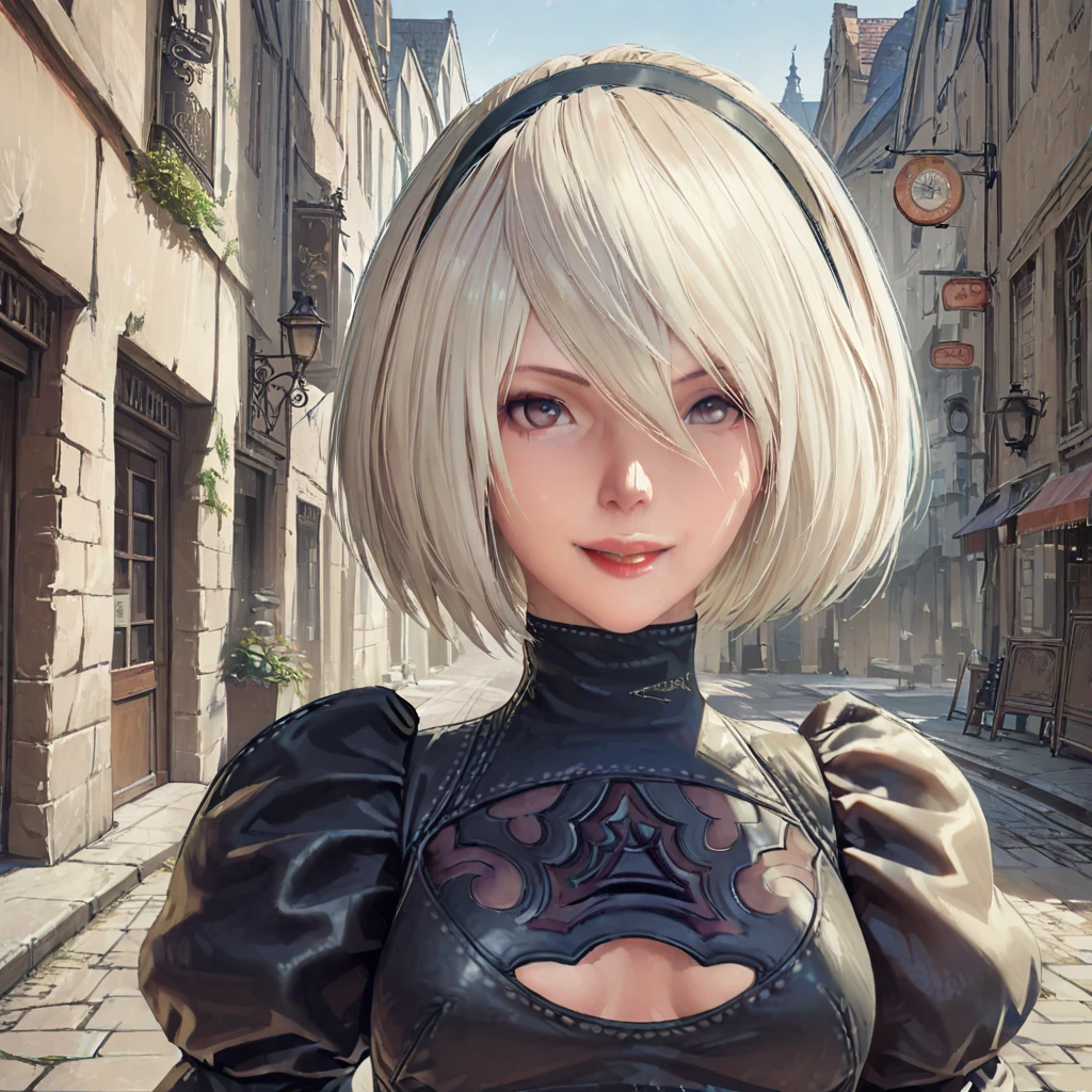 One Girl, Oh, (Round face), chest, Chest cleavage, Chest cleavage cutout, Dress cutout, Old western castle street background, Hair between the eyes, head band, , High resolution, Juliet Sleeve, Long sleeve, nier (series), nier automata, Fluffy sleeves, Red lips, Lips with raised corners of the mouth, Smiling Lips, Shadow Face, short hair, alone, Turtleneck sweater, whole body, l Blue-white silver hair, zero、A gravure shoot is being held in the street、Mr.々In an atmosphere、Cheerful、elegant、Alluring、Fascinating、bewitching、{{masterpiece、highest quality、(((Realistic、Realistic:1.37)))、8K quality}},