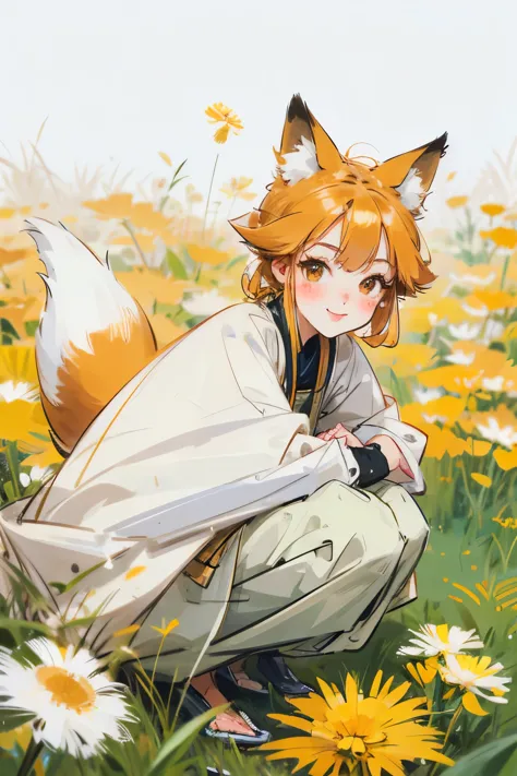A fox-human girl surrounded by countless dandelion fluff, stylish clothes, cute clothes, squatting, smiling, blushing, looking a...
