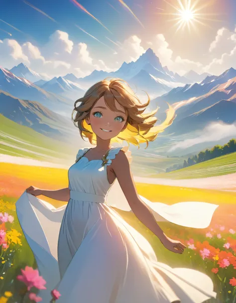 One girl, Dynamic Angle, Clouds and mountains, (Flower Field:1.4) In the foreground, White Dress, Light Tracing, (Floating color...