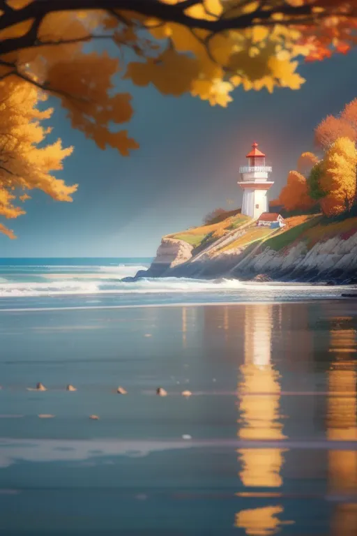 (seaside,autumn,:1.2), the vast sea,horizon,there is a small lighthouse on the bridge.,very detailed , realistic details , light...