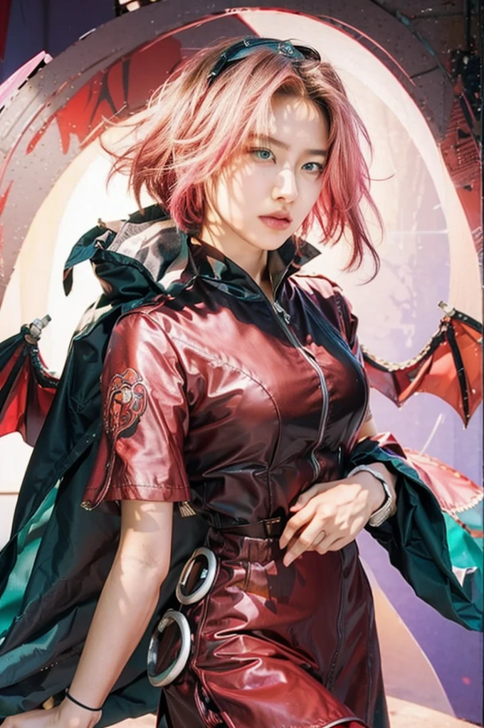 Real life adaption of this character, Asian teen beauty face, Shining green eyes,realistic long straight pink hair , realistic outfit, realistic shadow, realistic light, realism, hyper realistic, realistic background,(photorealistic:1.2)