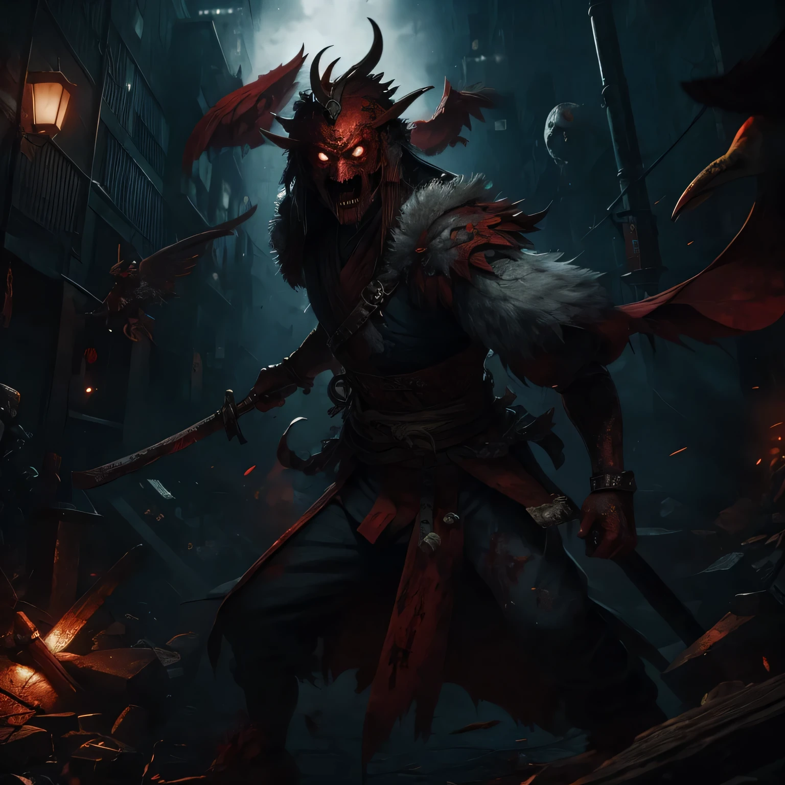 （highest quality）, Tengu, a monster with a bloody face and body, Creepy, Unlucky, Ultra-realistic, The background is a ruined modern city