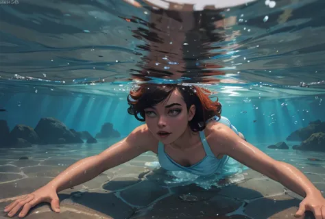 1girl, dives underwater, loose and short tunic, detailed skin texture, beautiful blue sea, sunlight streaming through the water,...