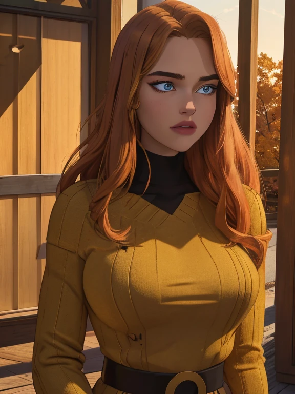 Photo of a 20-year-old solo girl, with long, loose golden hair, a colossal presence, looking directly at the spectator with brown, captivating eyes, adorned with jewelry. Her entire body is in the frame, wearing a sweater and showcasing a sexy, realistic allure, with her shoulders bared and a collar peeking out from beyond her shoulders. (best quality, highres, ultra-detailed: 1.2), Golden hour lighting, outdoor, atmospheric, autumn landscape, crisp leaves, rustic textures, (the highest quality, 16k, masterpiece: 1.3).
