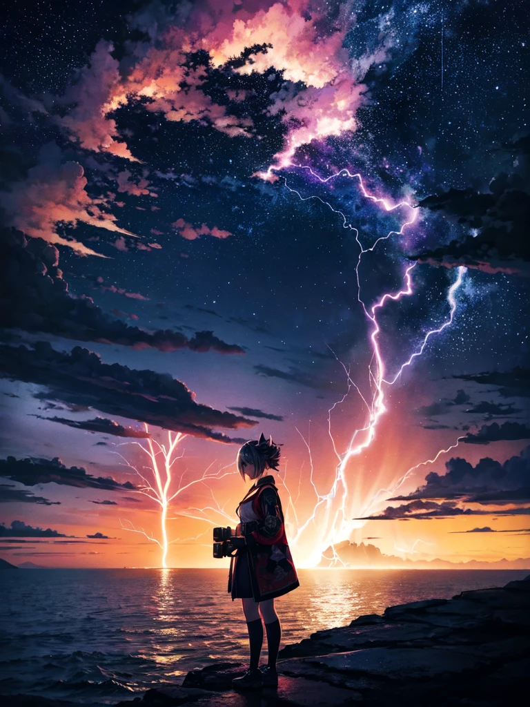 The image shows Nanashi Mumei alone at night in Venezuela, observing the famous phenomenon known as Catatumbo lightning in the distance. She is dressed in a tourist outfit and has a camera to capture the rather wonderful phenomenon. In the picture, lightning can be seen lighting up the night sky as she Nanashi Mumei watches in fascination. The environment is detailed with an impressive recreation of the nocturnal nature of the Zulia state. Everything is animated and the quality is 16k which makes for a stunning and vibrant image.