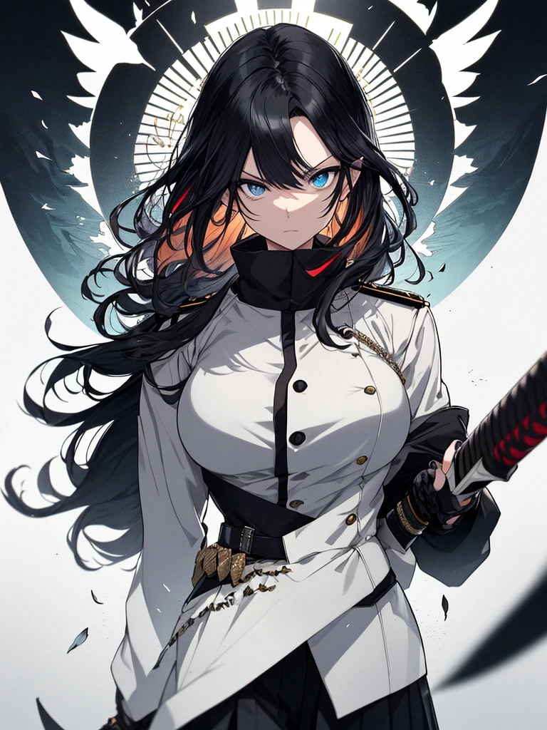 Japanese Katana Sword、Samurai sword、Full body、White one-piece military uniform、 Jet black head of hair,(masutepiece:1.2, Best Quality), (finely detailed beautiful eye: 1.2), (Detailed background,Dark Fantasy), (beautifull detailed face), High contrast, (Best Illumination, extremely delicate and beautiful), ((Cinematic Light)), Colorful, Hyper Detail, Dramatic light, Intricate details,Very blue eyes, Shining eyes, long hair flowing with the wind、large full breasts、Belt under the chest、White military uniform, skirt by the, large full breasts, Long hair fluttering in the wind, swords, jet-black hair, Blue eyes, Black tie, Belt under the chest, Serious look,