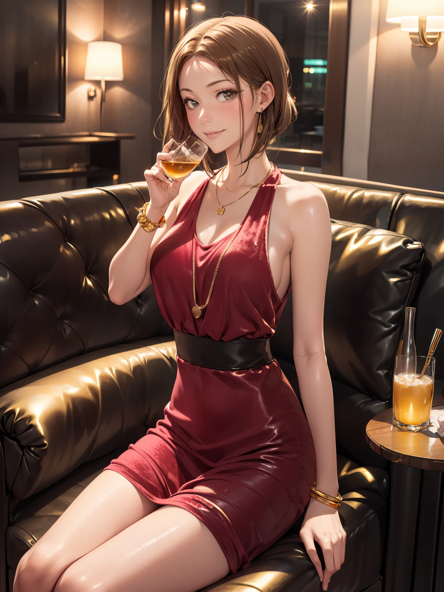 beste Qualität, ultra-detailliert, Illustration, 
caBaret, Landschaft, Bar (Ort), drinnen, Stuhl, Tisch, Licht,


(((Golden Lichting、Samtkleid、Langes Sofa aus rotem Samt))), Charakter:Tchibana Kyoka,

1 Mädchen, Allein, , Schmuck, Halskette, lächeln, schwarzes Haar, Betrachter betrachten, Schwarzes Kleid, ärmelloses Kleid, Armband, Sitzung, Trinkglas, Alkohol, 
 