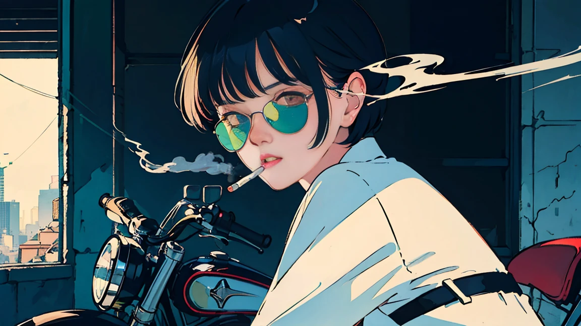 Beautiful Asian girl with dark hair riding a motorcycle, Visible from the window, Perfect Face, sunglasses, Smoking white Taylormade cigarettes, Neon Black, (Backlight: 1.1), Hard Shadows, masterpiece, highest quality, Complex, Model shooting style, Vintage, Film Grain, Incomplete details