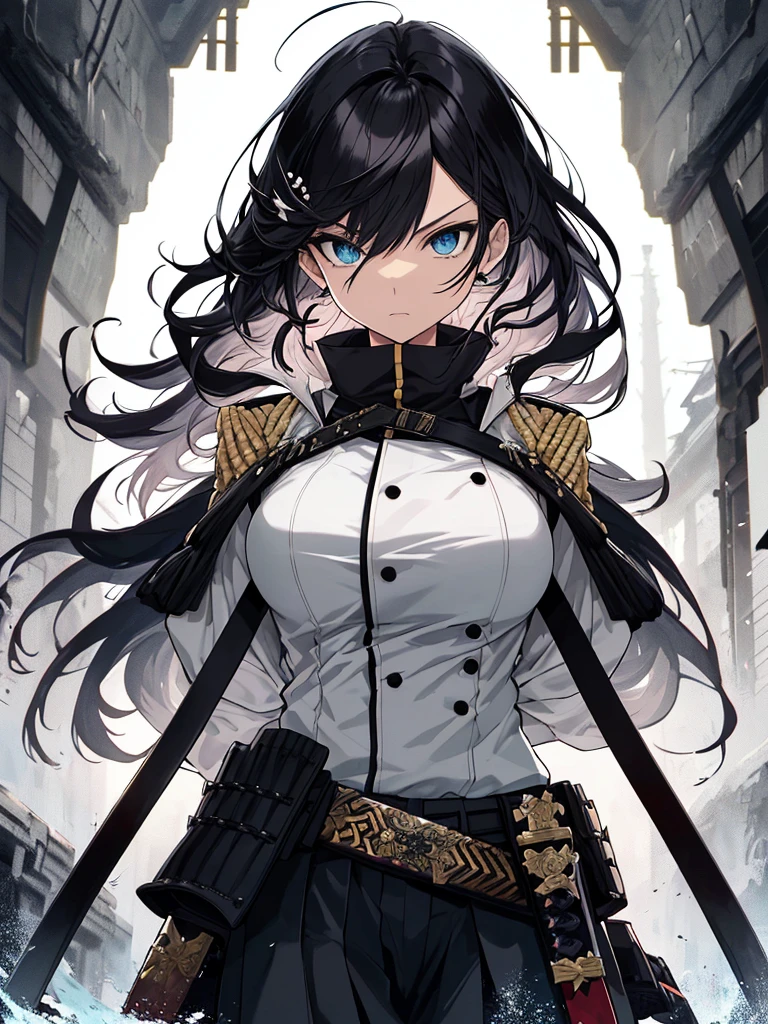 Japanese Katana Sword、Samurai sword、Full body、White one-piece military uniform、 Jet black head of hair,(masutepiece:1.2, Best Quality), (finely detailed beautiful eye: 1.2), (Detailed background,Dark Fantasy), (beautifull detailed face), High contrast, (Best Illumination, extremely delicate and beautiful), ((Cinematic Light)), Colorful, Hyper Detail, Dramatic light, Intricate details,Very blue eyes, Shining eyes, long hair flowing with the wind、large full breasts、Belt under the chest、White military uniform, skirt by the, large full breasts, Long hair fluttering in the wind, swords, jet-black hair, Blue eyes, Black tie, Belt under the chest, Serious look,