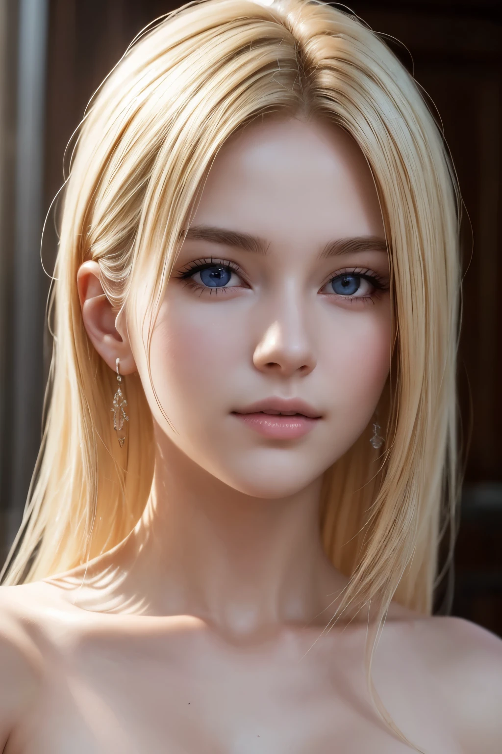 ((best quality)), ((ultra-resolution)), ((photorealistic)), (intricate details), 1, blonde hair, perfect face, build:1.5, light on face, face detail, nude, hair short,