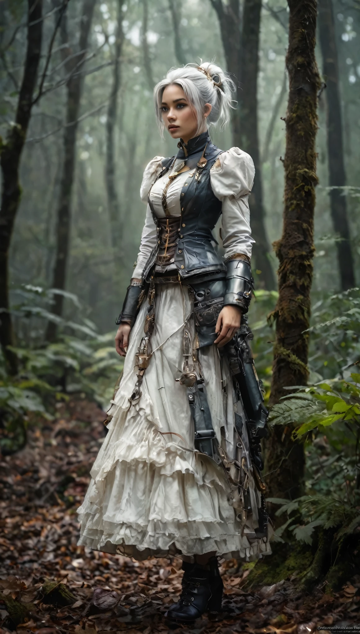 (masterpiece), (anime style), (ultra detailed), (beautiful), (UHD, HDR), (8k), (highres:1.2), (intricate and beautiful:1.2), (dramatic lighting:1.2), a steampunk highly detailed mech, walking with a woman in a misty forest, white hair, detailed clothes, grainy photo, shallow depth of field, By Jean Baptiste Monge, By Karol Bak, By Carne Griffiths, by Jean Baptiste Monge, Michael Garmash, Masterpiece, Unreal Engine 3D; Symbolism, Colourful, Polished, Complex; UHD; D3D; 16K, Full Color Painting, Low Contrast, Soft Cinematic Light, Exposure Blend, HDR, Front, 8k intricate details, iridescent, vivid colours, trending on artstation., cinematic, poster, dark fantasy, photo, graffiti