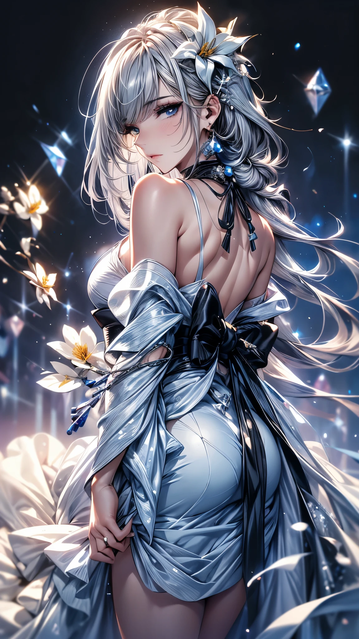 (Ultra-delicate), (Clear focus), (high resolution), Deformed depth of field blurred background, Detailed background, Perfect layer cutting, Atmospheric distance sense, (full-body shot/Cowboy shooting/Rear view/Top view/Top view), wallpaper, (((Silver hair gradient streaked light blue end))), Cute beauty face, (focus on face), Ultra-detailed facial texture, ((Clear light blue eyes)), thin eyebrows, long upper eyelashes, double eyelids, Upper Eye, High-fidelity eyes, (Super detailed eyes), Sexy and attractive lips, Richly detailed lips, White skin, delicate skin, Micro light, complicated, familiar, black magician, particle, constellation, Stardust, universe, ((flower)), comfortable peace, peaceful, Japan, Himiko, kimono, With crystal, Fortune Telling, time and space, artistic, 8K