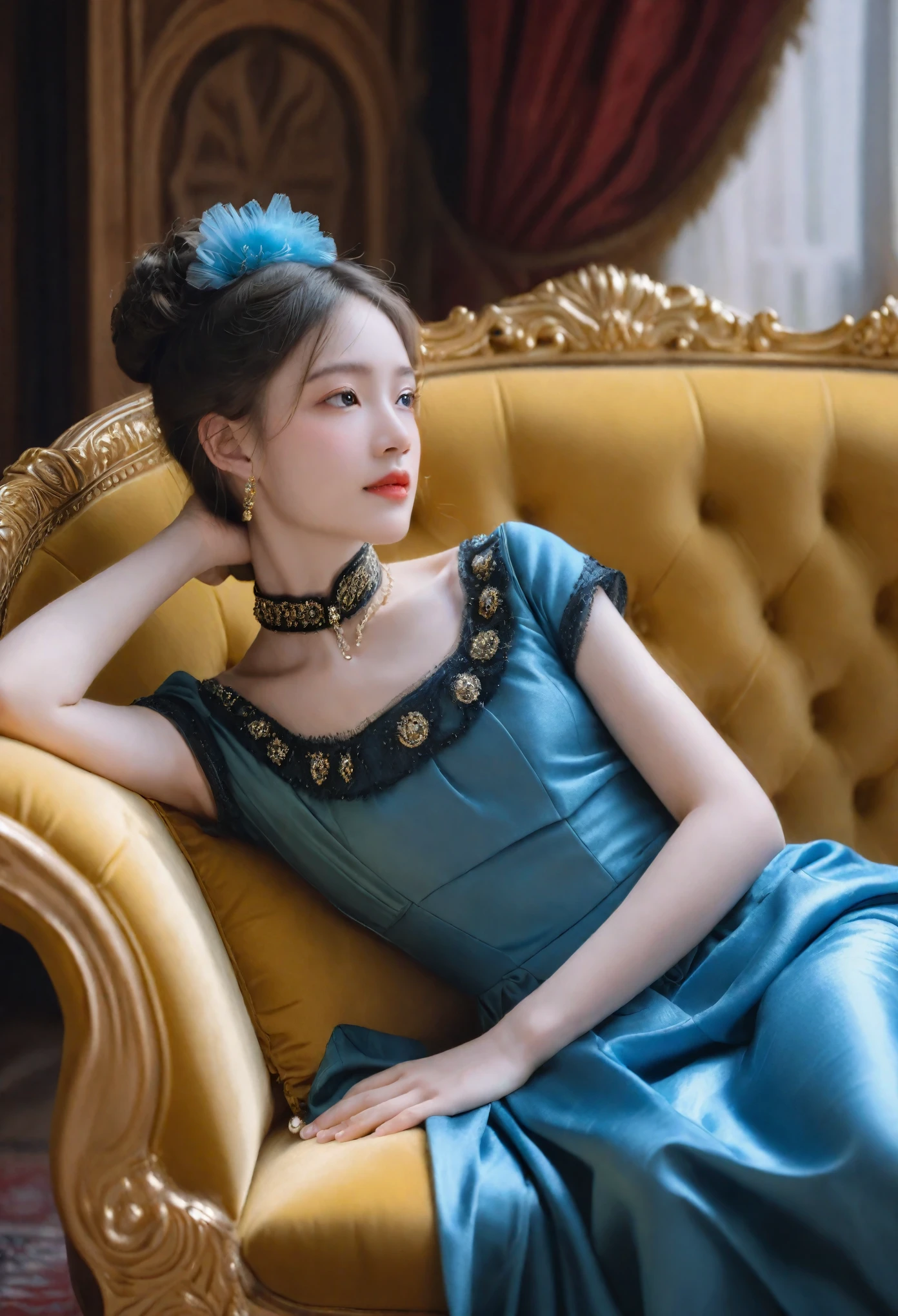 A realistic, hyperrealistic, and photorealistic RAW photo capture of an elegant girl from the Victorian era. She is lounging on a golden sofa, donning the iconic Victorian dress with vivid colors and intricate details. The photo boasts high resolution, masterpiece-quality, and top-notch detail, showcasing the real skin texture with visible pores. The background is blurred, and the upper body is depicted with a chiaroscuro effect, creating an aesthetically pleasing and immersive visual experience.