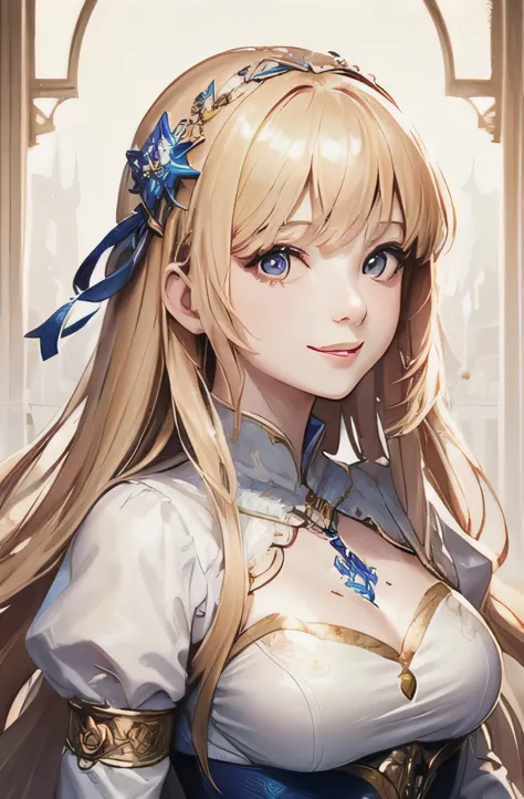 (masterpiece, highest quality, highest quality, Official Art, beautifully、beautiful:1.2), (1 Girl:1.3), (Fractal Art:1.3),girl，beautiful，An innocent smile，Blonde，Long Hair，Princess，Smooth Hair，Noble princess dress，Sparkly hair accessories，Upper Body，I pray