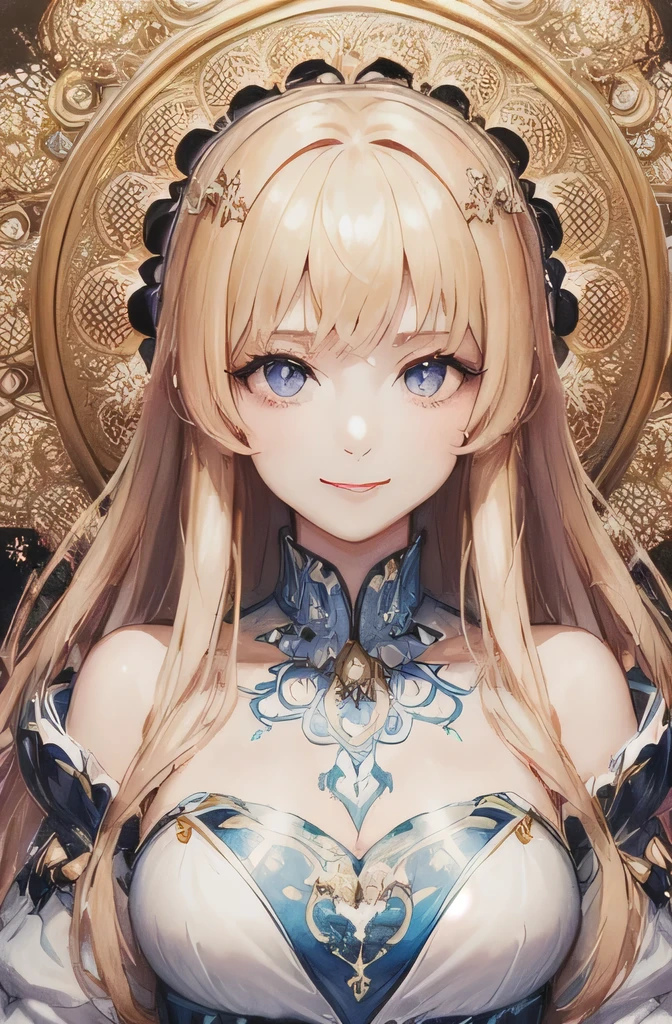 (masterpiece, highest quality, highest quality, Official Art, beautifully、beautiful:1.2), (1 Girl:1.3), (Fractal Art:1.3),girl，beautiful，An innocent smile，Blonde，Long Hair，Princess，Smooth Hair，Noble princess dress，Sparkly hair accessories，Upper Body，I pray