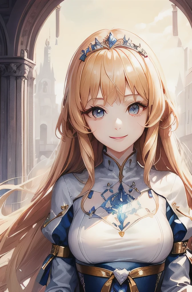 (masterpiece, highest quality, highest quality, Official Art, beautifully、beautiful:1.2), (1 Girl:1.3), (Fractal Art:1.3),girl，beautiful，An innocent smile，Blonde，Long Hair，Princess，Smooth Hair，Noble princess dress，Sparkly hair accessories，Upper Body，I pray