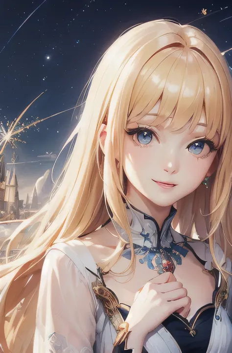 (masterpiece, highest quality, highest quality, Official Art, beautifully、beautiful:1.2), (1 Girl:1.3), (Fractal Art:1.3),girl，beautiful，An innocent smile，Blonde，Long Hair，Princess，Smooth Hair，Noble princess dress，Sparkly hair accessories，Upper Body，I pray