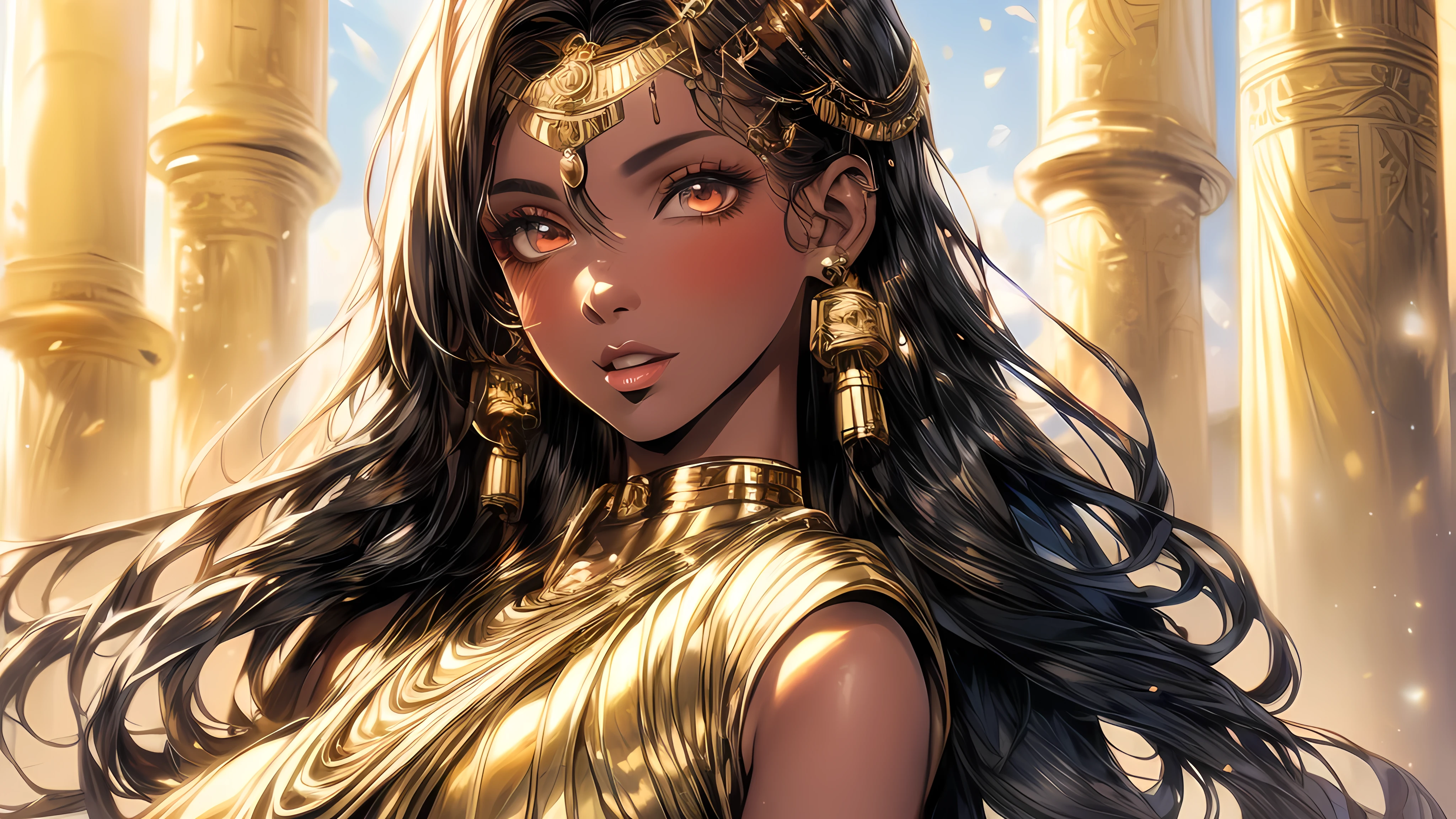 "(best quality,highres,ultra-detailed,realistic:1.2),egyptian goddess full body,beautiful detailed eyes,beautiful detailed lips,glamorous look,flowing black hair,bronze skin,long flowing dress,golden jewelry,temple in the background,ancient egyptian hieroglyphs,powerful stance,mythological aura,golden sunlight,ethereal atmosphere"