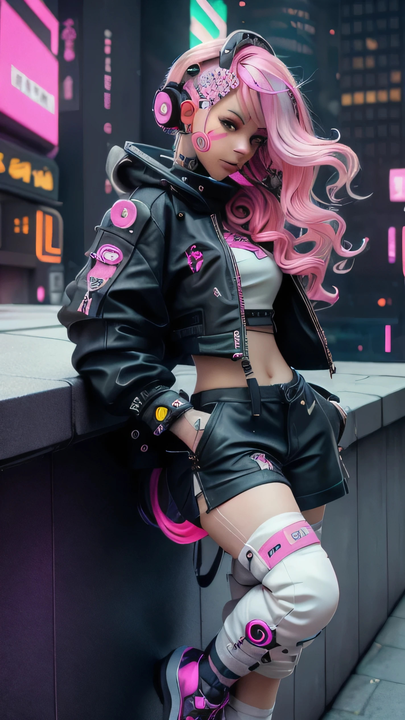 una mujer con cabello rosado sentada encima de una pared, anime ciberpunk art, arte del anime ciberpunk, female chica anime ciberpunk, chica anime ciberpunk, dreamy Chica ciberpunk, Chica ciberpunk, anime ciberpunk, cyberpunk beautiful girl, digital arte del anime ciberpunk, un cyborg ciberpunk adolescente, punk de neón, jovencita cyborg, arte cyberpunk de alta calidad, anime cyberpunk modernoန