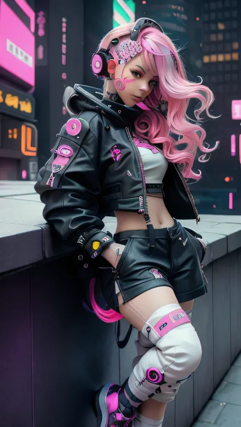 a woman with pink hair sitting on top of a wall, anime cyberpunk art, cyberpunk anime art, female cyberpunk anime girl, cyberpun...
