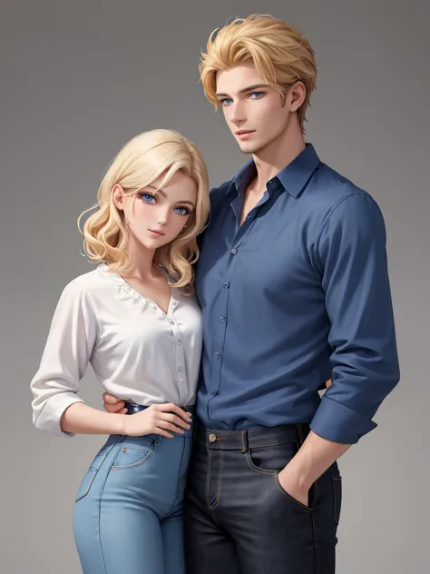 The picture shows a couple (one man and one woman) A handsome, tall, courageous, athletic young man, golden-haired blond, with c...