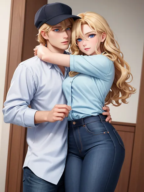 The picture shows a couple (one man and one woman) A handsome, tall, courageous, athletic young man, golden-haired blond, with c...