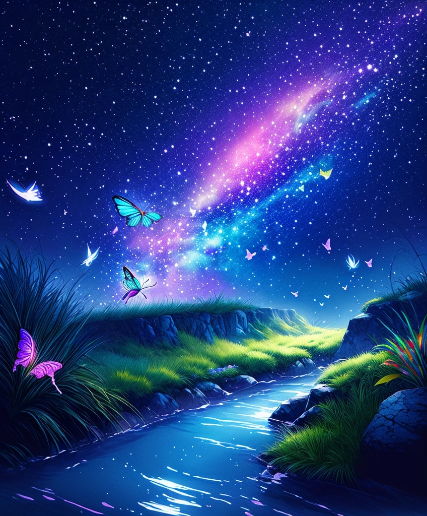 Cute girl characters、Iridescent grass々Drawing a butterfly flying over the water, Looking up at the starry sky. Surround her with colorful nebulae and colorful forests.