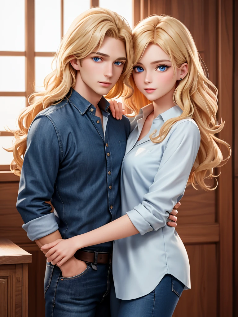 The picture shows a couple (only one man and only one woman). Handsome, tall, courageous, athletic young man, golden-haired blond, with curly golden hair, bright blue eyes, he is a doctor, he is dressed in medical clothes. He hugs an incredibly beautiful slender young femme fatale blonde with very short wheat hair, gray-blue eyes, she is wearing a chiffon blouse tucked into jeans. detailed drawing of the face, a beautiful face, beautiful facial features. black jeans with a low fit. a full-length shot. hands in the pockets of his trousers. Masterpiece, detailed study of the face, beautiful face, beautiful facial features, perfect image, realistic photos, detailed study of faces, full-length image, 8k, detailed image. an extremely detailed illustration, a real masterpiece of the highest quality, with careful drawing. full-length image.