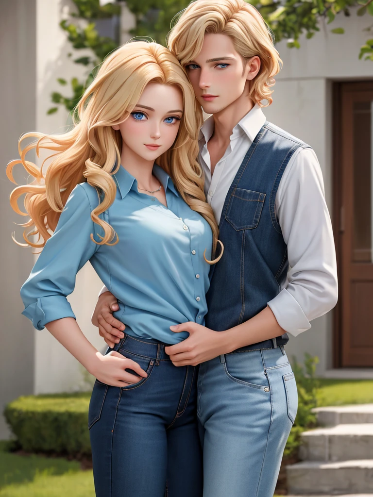 The picture shows a couple (only one man and only one woman). Handsome, tall, courageous, athletic young man, golden-haired blond, with curly golden hair, bright blue eyes, he is a doctor, he is dressed in medical clothes. He hugs an incredibly beautiful slender young femme fatale blonde with very short wheat hair, gray-blue eyes, she is wearing a chiffon blouse tucked into jeans. detailed drawing of the face, a beautiful face, beautiful facial features. black jeans with a low fit. a full-length shot. hands in the pockets of his trousers. Masterpiece, detailed study of the face, beautiful face, beautiful facial features, perfect image, realistic photos, detailed study of faces, full-length image, 8k, detailed image. an extremely detailed illustration, a real masterpiece of the highest quality, with careful drawing. full-length image.