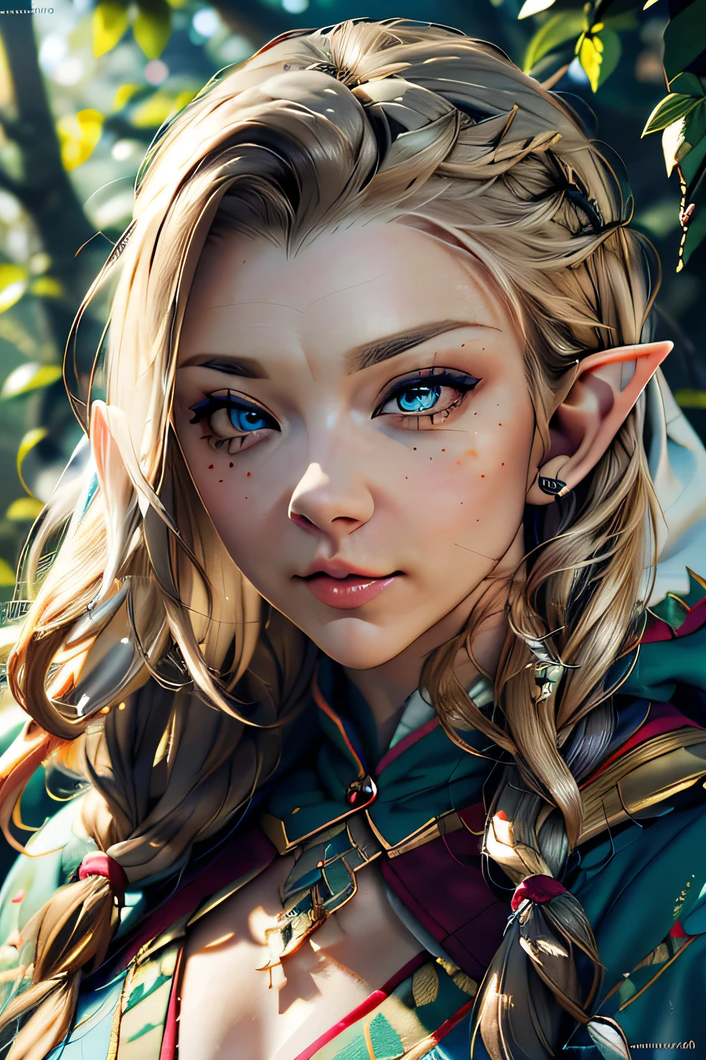 a beautiful enchanting woman elf (nataliedormer)  posing in the woods, detailed flowing long hair, woman, soft cloth, detailed embroidery, silk outfit and hood (style-paintmagic), perfect skin, highly insanely detailed, masterpiece, top quality, best quality, highres, 8k, RAW photo, detailed face,detailed eyes, realistic, slight sexy grin, facing random direction