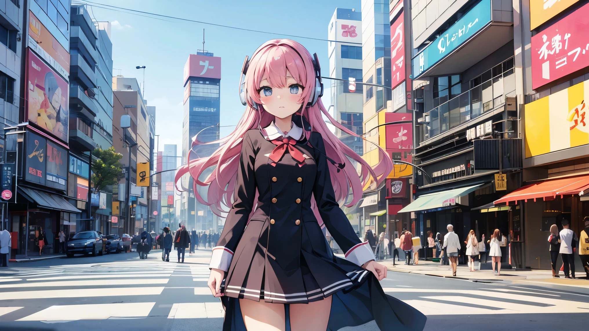 Anime Girls with headphones walking down the street in a , Beautiful mature , uniform、Beautiful girl anime visual, Kantai Collection Style,Manga illustration, Anime Girls, Illustrated , Hand-drawn anime illustration, young Anime Girls, Shibuya Ward Building District、Blurred Background、City Pop、whole body、Cowboy Shot、nostalgia、manga cover、Make the subject bigger、pastel colour、Soft impression、lovely