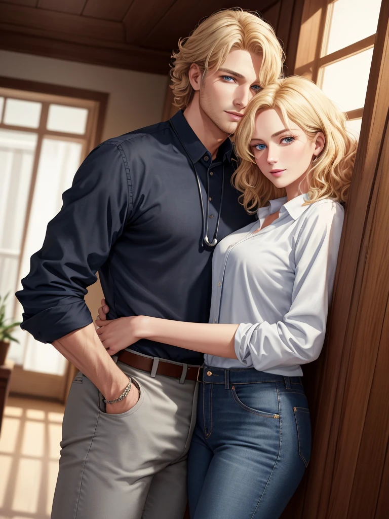 The picture shows a couple (only one man and only one woman). Handsome, tall, courageous, athletic young man, golden-haired blond, with curly golden hair, bright blue eyes, he is a doctor, he is dressed in medical clothes. He hugs an incredibly beautiful slender young femme fatale blonde with very short wheat hair, gray-blue eyes, she is wearing a chiffon blouse tucked into jeans. detailed drawing of the face, a beautiful face, beautiful facial features. black jeans with a low fit. a full-length shot. hands in the pockets of his trousers. Masterpiece, detailed study of the face, beautiful face, beautiful facial features, perfect image, realistic photos, detailed study of faces, full-length image, 8k, detailed image. an extremely detailed illustration, a real masterpiece of the highest quality, with careful drawing. full-length image.