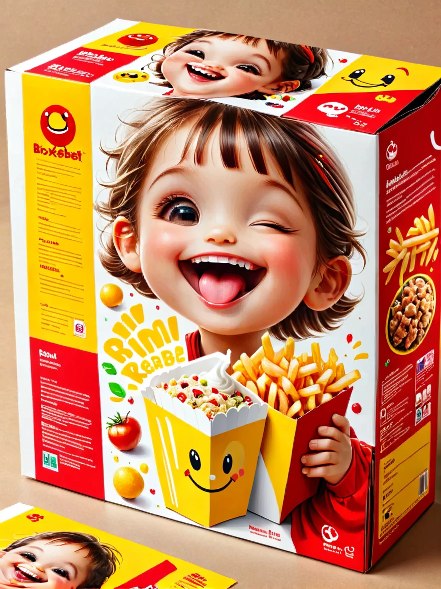 Generate an image of a child-friendly food packaging box, similar in shape to a Happy Meal box. The words 'BoxKebab' should stand prominently on it. The box should be decorated in vivid red and yellow colors. Embellish it with small, playful images of a kebab, fries, and a salad. Also, incorporate cheerful smiley faces into the design to make it appealing to children.