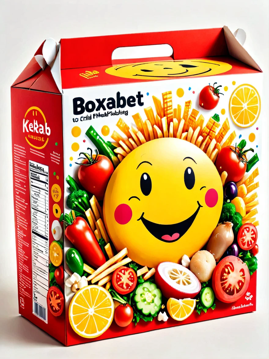Generate an image of a child-friendly food packaging box, similar in shape to a Happy Meal box. The words 'BoxKebab' should stand prominently on it. The box should be decorated in vivid red and yellow colors. Embellish it with small, playful images of a kebab, fries, and a salad. Also, incorporate cheerful smiley faces into the design to make it appealing to children.