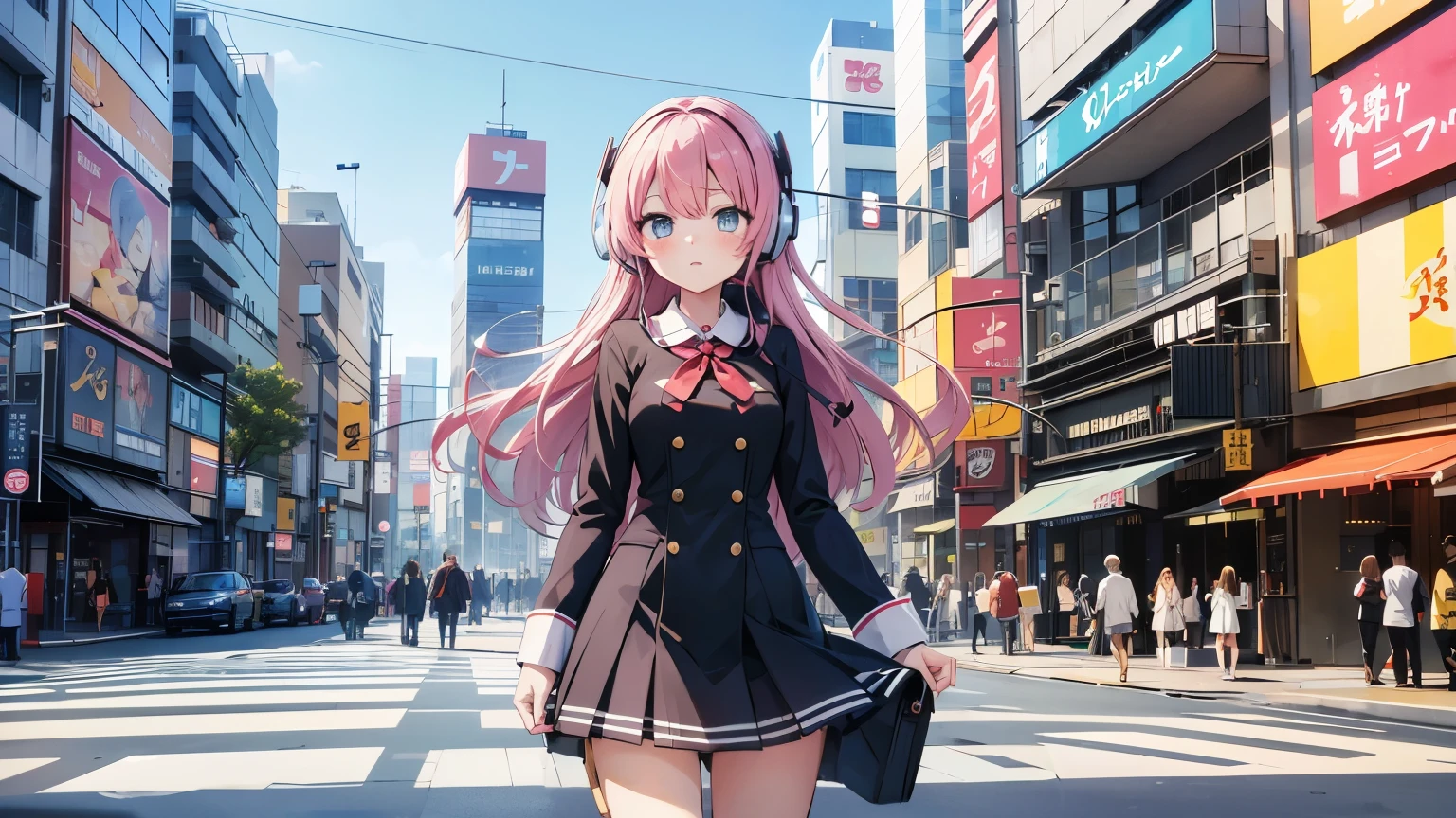 Anime Girls with headphones walking down the street in a , Beautiful mature , uniform、Beautiful girl anime visual, Kantai Collection Style,Manga illustration, Anime Girls, Illustrated , Hand-drawn anime illustration, young Anime Girls, Shibuya Ward Building District、Blurred Background、City Pop、whole body、Cowboy Shot、nostalgia、manga cover、Make the subject bigger、pastel colour、Soft impression、lovely