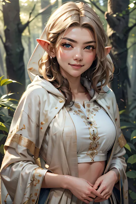 a beautiful enchanting woman elf (nataliedormer)  posing in the woods, detailed flowing long hair, woman, soft cloth, detailed e...