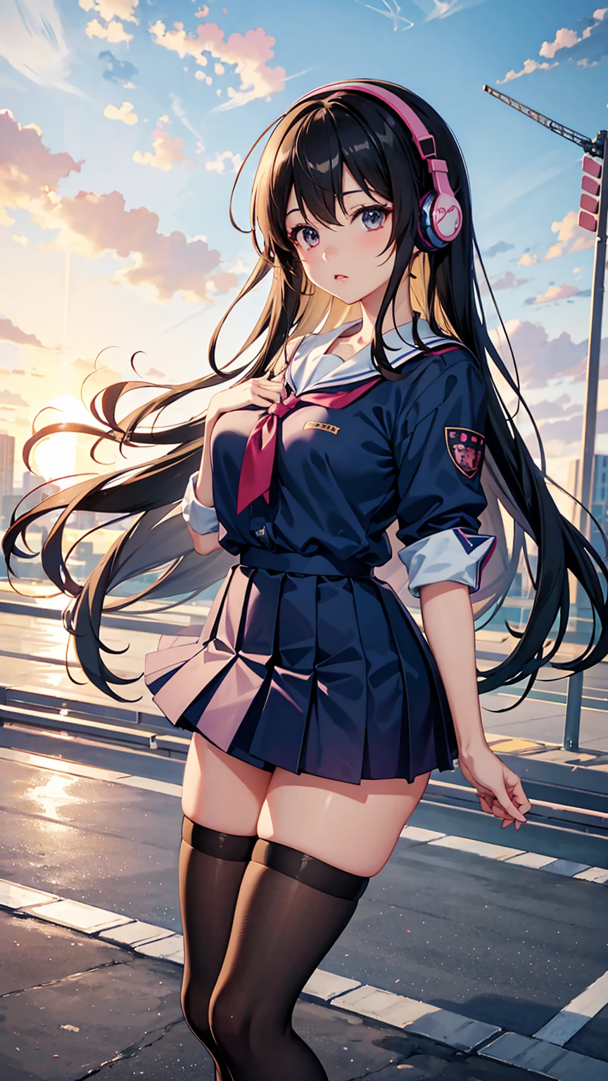 (Put on your headphones:1.0),道を歩いているAnime Girls, Beautiful anime school girl, Cute girl anime visuals, 長い髪のAnime Girls, Smooth anime CG art, 若いAnime Girls, 魅力的なAnime Girls, Anime Style 4k, Surreal , Anime Art Wallpapers 8K, City Girl Fan Art, Anime Girls, Digital anime illustration、uniform