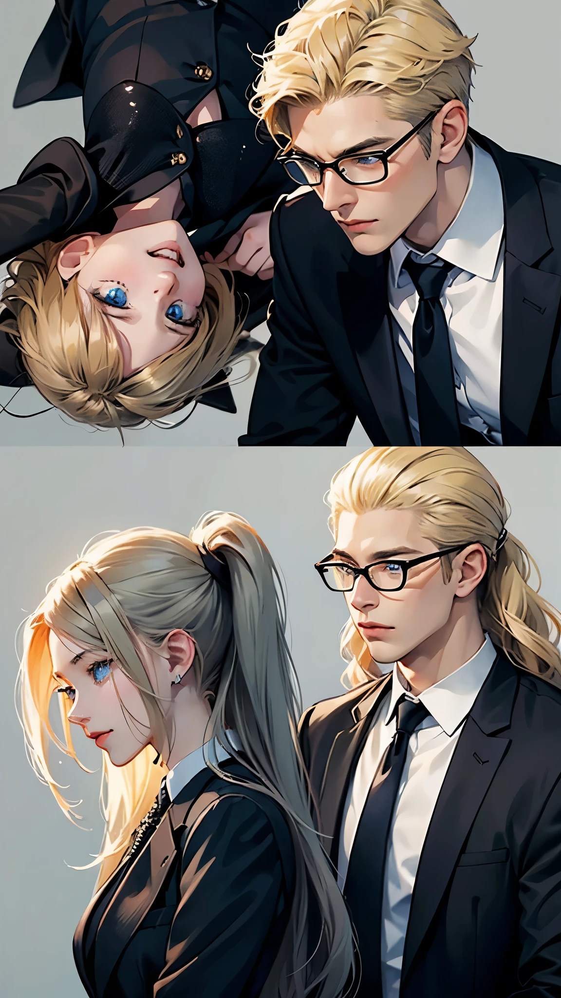 With anime style illustrations、A young man and woman couple appears。The man has blue eyes、Wearing a black suit jacket。The woman is blonde and wears glasses.、She&#39;s wearing soft pink clothes。The two of them pose intimately、The background has vibrant blue and pink tones that evoke a romantic atmosphere.。A woman grabs a man&#39;s jacket、It emphasizes the intimacy between the two。