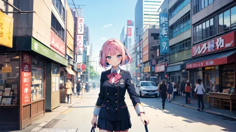 Anime Girls with headphones walking down the street in a , Beautiful mature , uniform、Beautiful girl anime visual,Manga illustra...