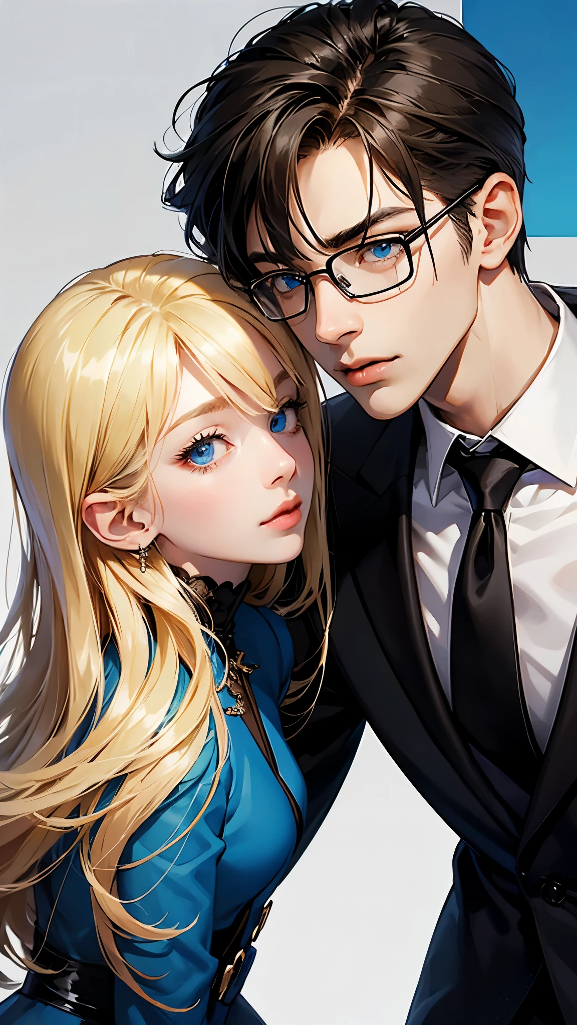 With anime style illustrations、A young man and woman couple appears。The man has blue eyes、Wearing a black suit jacket。The woman is blonde and wears glasses.、She&#39;s wearing soft pink clothes。The two of them pose intimately、The background has vibrant blue and pink tones that evoke a romantic atmosphere.。A woman grabs a man&#39;s jacket、It emphasizes the intimacy between the two。They&#39;re both in the same position、sit side by side。