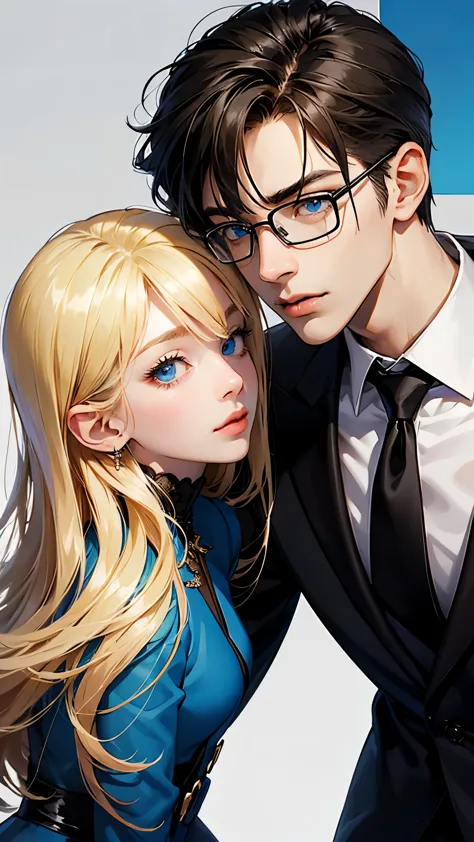 With anime style illustrations、A young man and woman couple appears。The man has blue eyes、Wearing a black suit jacket。The woman ...