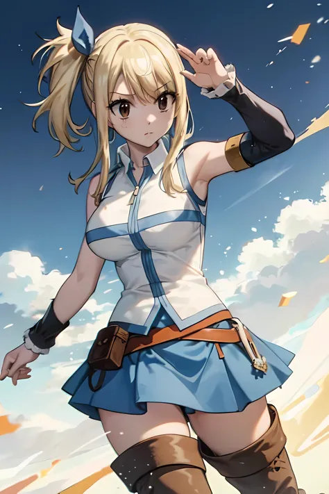 masterpiece, best quality, 1girl, lucyheartfilia, one side up, white shirt, sleeveless, belt, blue skirt, brown boots, looking a...