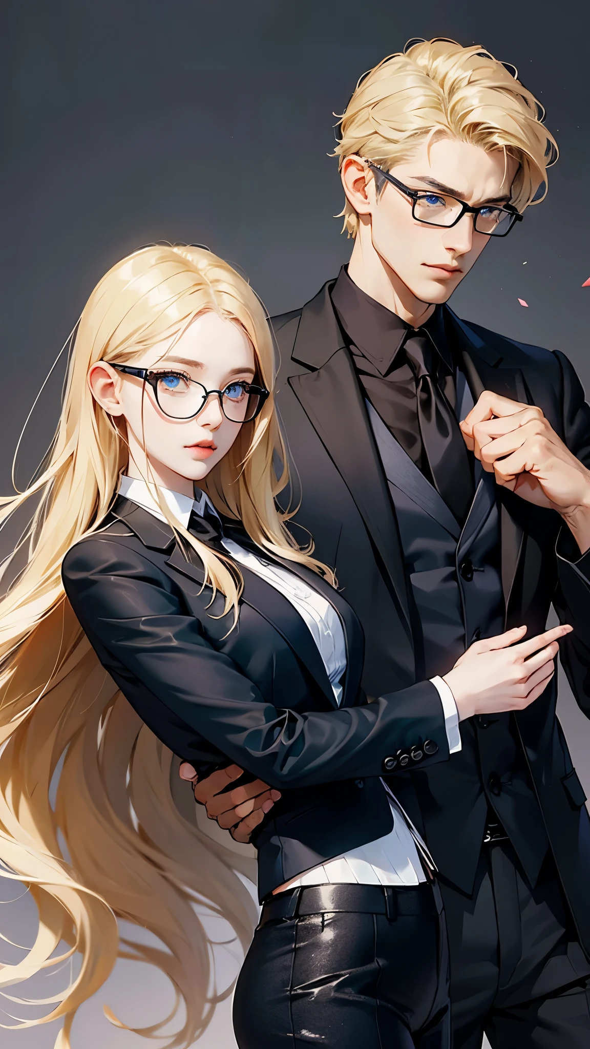 With anime style illustrations、A young man and woman couple appears。The man has blue eyes、Wearing a black suit jacket。The woman is blonde and wears glasses.、She&#39;s wearing soft pink clothes。The two of them pose intimately、The background has vibrant blue and pink tones that evoke a romantic atmosphere.。A woman grabs a man&#39;s jacket、It emphasizes the intimacy between the two。They&#39;re both in the same position、sit side by side。
