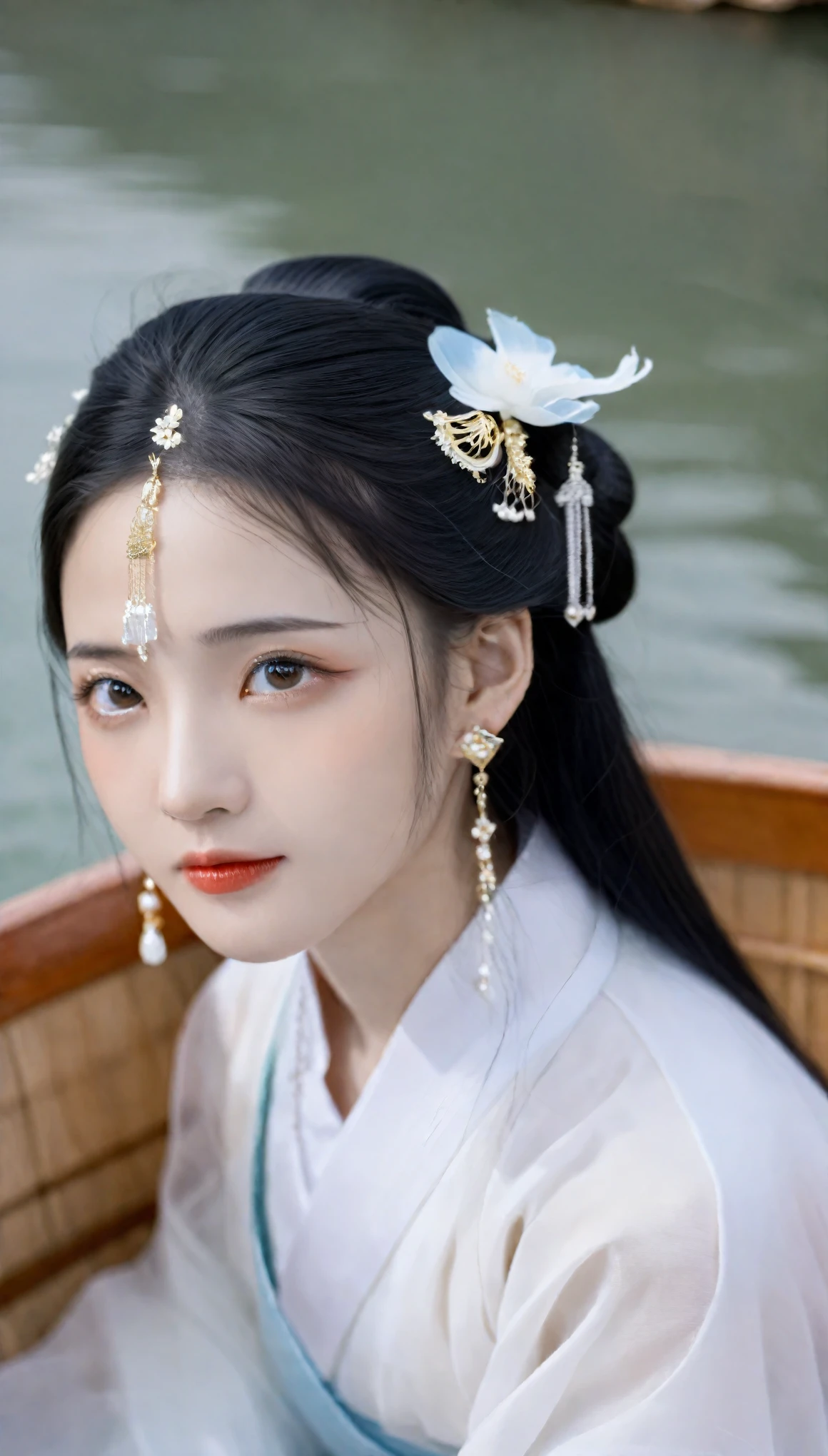 (photorealistic, best quality, ultra high res, extremely detailed eyes and face:1.3),(1girl, solo:1.3),on a wood boat,black hair,realistic,long hair,jewelry,upper body,white see through hanfu,blurry,earrings,lips,chinese clothes,hair ornament,black eyes,blurry background,looking to the side,closed mouth,