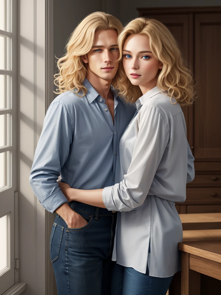 The picture shows a couple (only one man and only one woman). Handsome, tall, courageous, athletic young man, golden-haired blond, with curly golden hair, bright blue eyes, he is a doctor, he is dressed in medical clothes. He hugs an incredibly beautiful slender young femme fatale blonde with very short wheat hair, gray-blue eyes, she is wearing a chiffon blouse tucked into jeans. detailed drawing of the face, a beautiful face, beautiful facial features. black jeans with a low fit. a full-length shot. hands in the pockets of his trousers. Masterpiece, detailed study of the face, beautiful face, beautiful facial features, perfect image, realistic photos, detailed study of faces, full-length image, 8k, detailed image. an extremely detailed illustration, a real masterpiece of the highest quality, with careful drawing. full-length image.