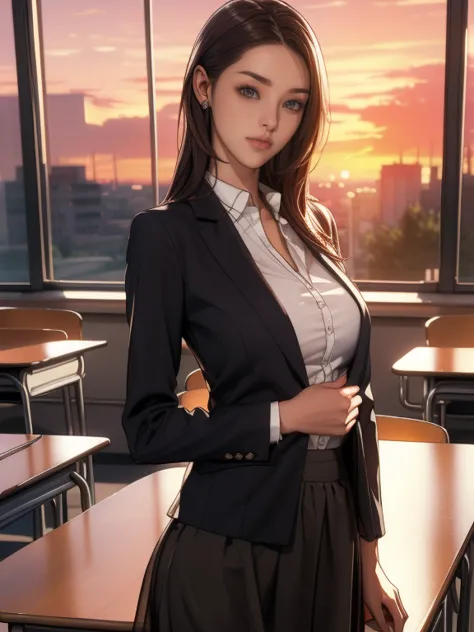 (8k,photorealistic, masutepiece, best quality, raw photo:1.3)、1woman in, 25years old,solo,teacher, long hair, brown hair, detail...