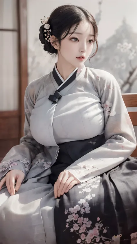 (best quality, 8K, masterpiece: 1.3), ((((((incredibly large breasts: 1.0))))), hairpin, (beautiful face:1.3), plum blossom ink ...
